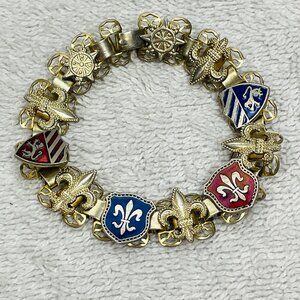 EVUC Vintage 1950's Fleur De Lis/Shield Bracelet, French Modern, Box Clasp, 7" L